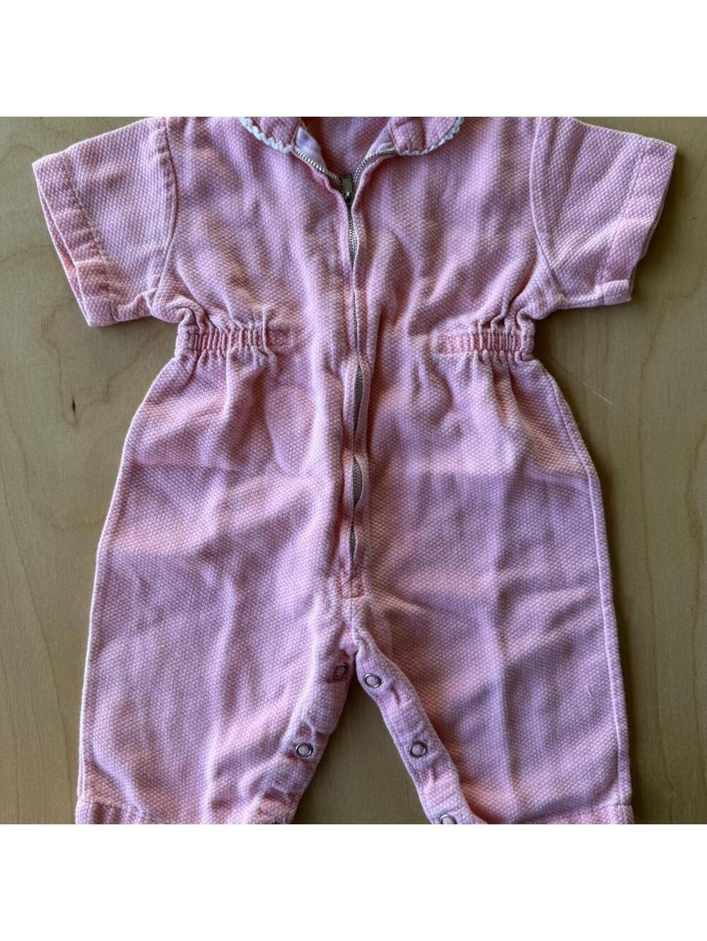 70s Healthtex pink vintage baby jumper with lace trim and zipper
